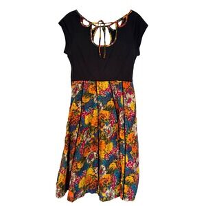 Viola Anthropologie Floral Tie Neck‎ Fit Flare Dress Women's 2 Black Boho Hippie
